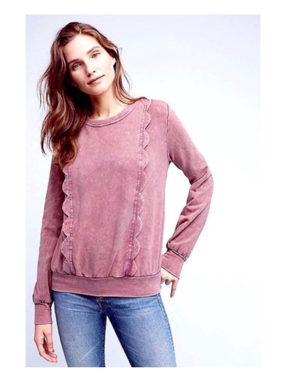 Eri + Ali Anthropologie Size L Dusty Rose Scalloped Cozy Crewneck Sweatshirt